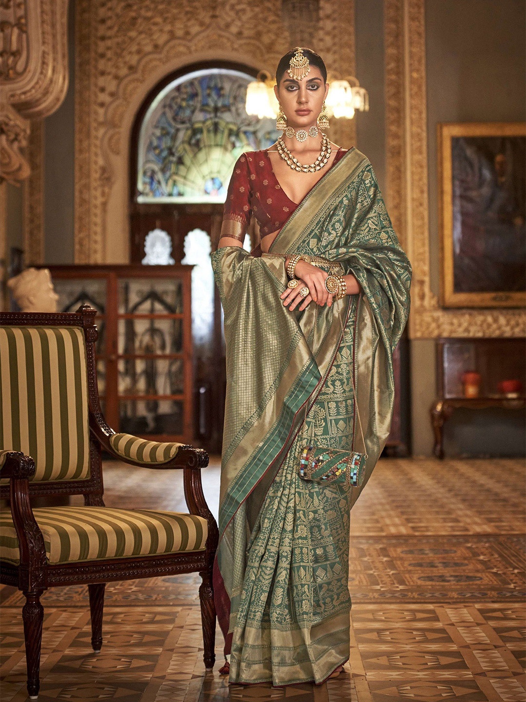 

MAHALASA Woven Design Zari Pure Silk Patola Saree, Green
