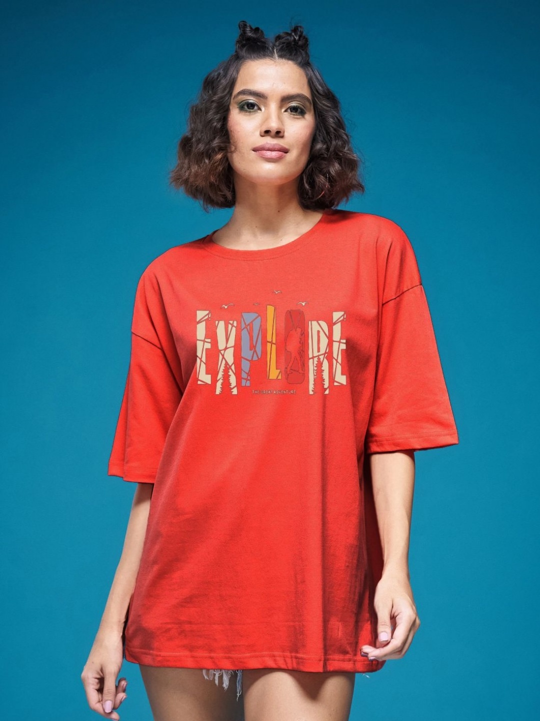 

SMARTEES Women Typography Printed Round Neck Cotton Oversized T-shirt, Red