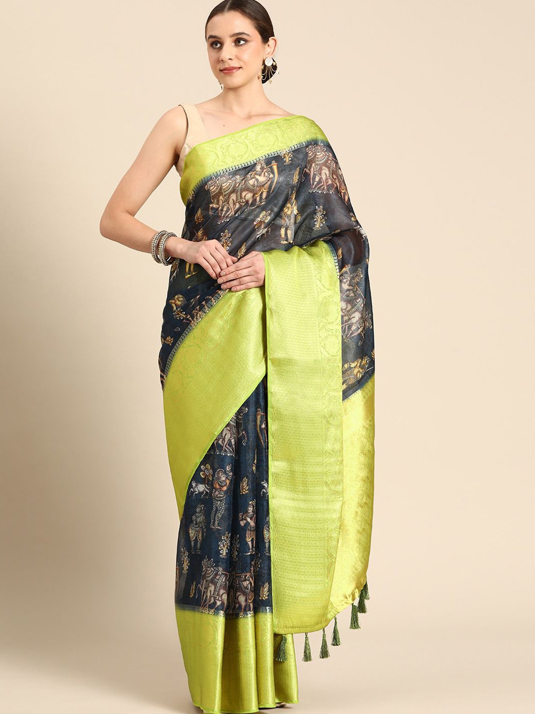 

DIVASTRI Ethnic Motifs Zari Silk Blend Muga Saree, Grey