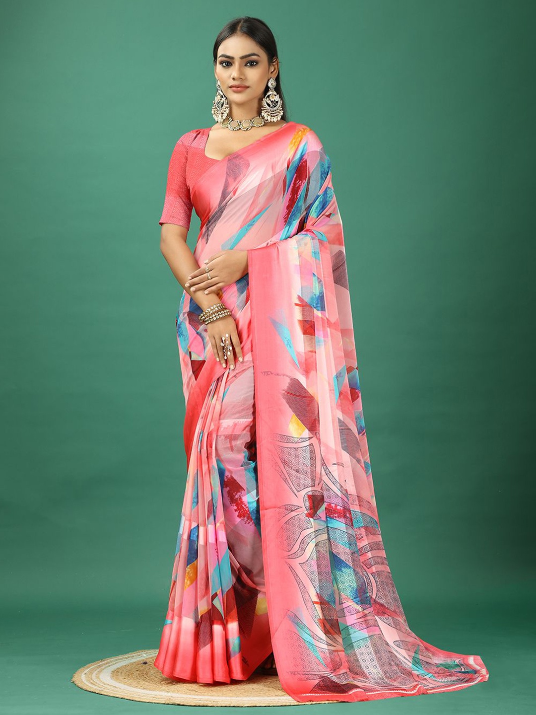 

A.V.M. SILK MILLS Abstract Printed Satin Saree, Pink