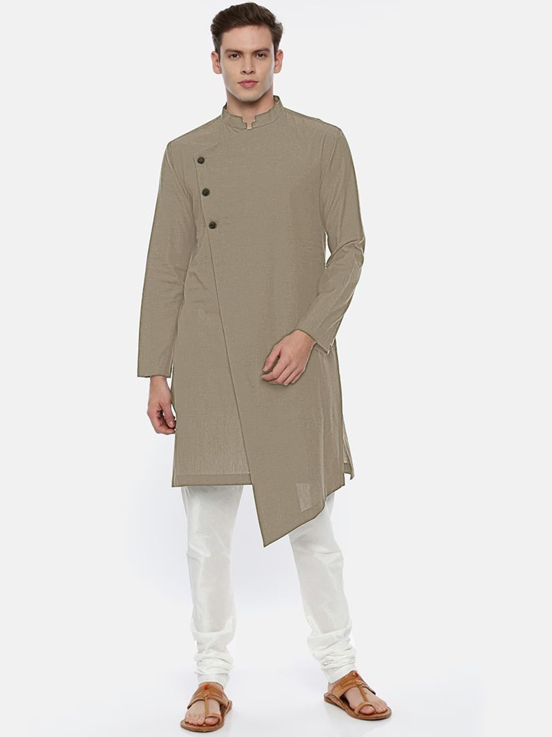 

Oomph! Mandarin Collar Angrakha Straight Kurta, Beige