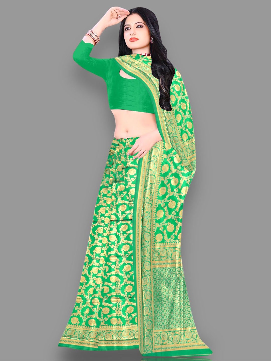 

MUSKAN CREATION Ethnic Motifs Woven Design Zari Banarasi Saree, Green