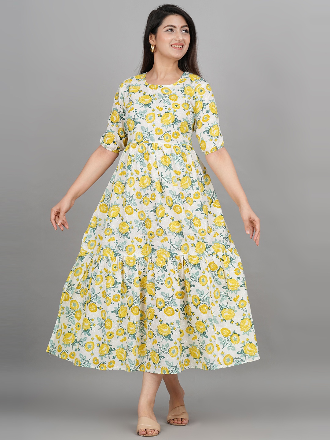 

Twirl Tales Women Floral Printed Cotton Fit and Flare Midi Dress, White