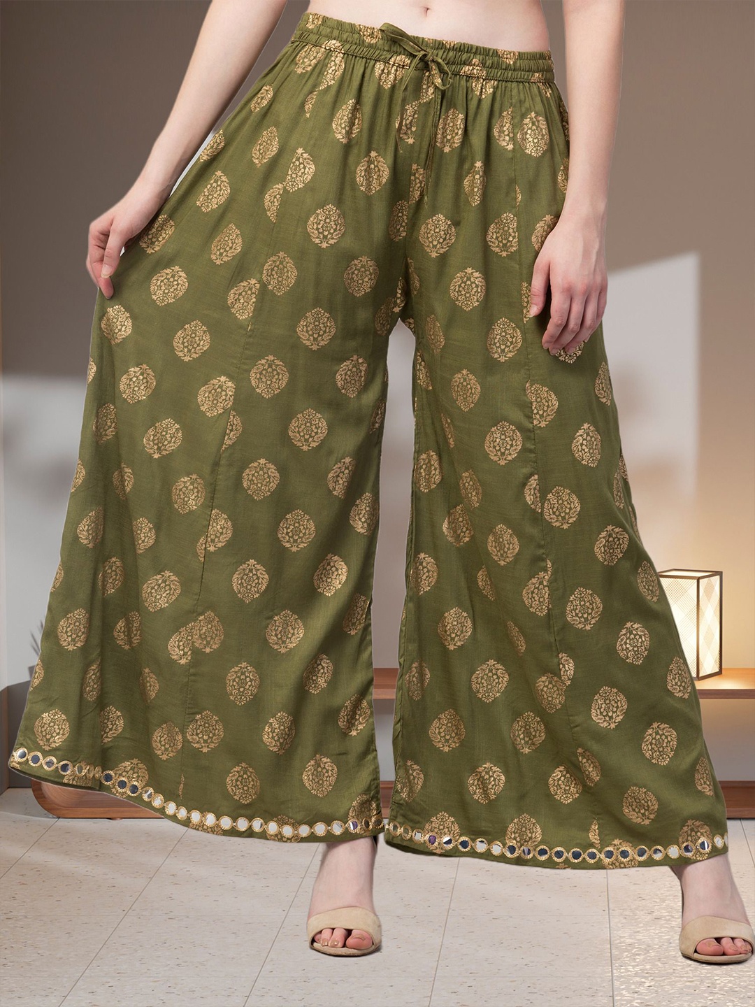 

FAMBEE Women Floral Printed Flared Knitted Palazzos, Green