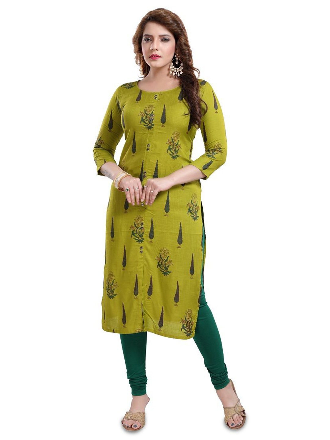 

DREAM & DZIRE Floral Printed Cotton Straight Kurta, Green