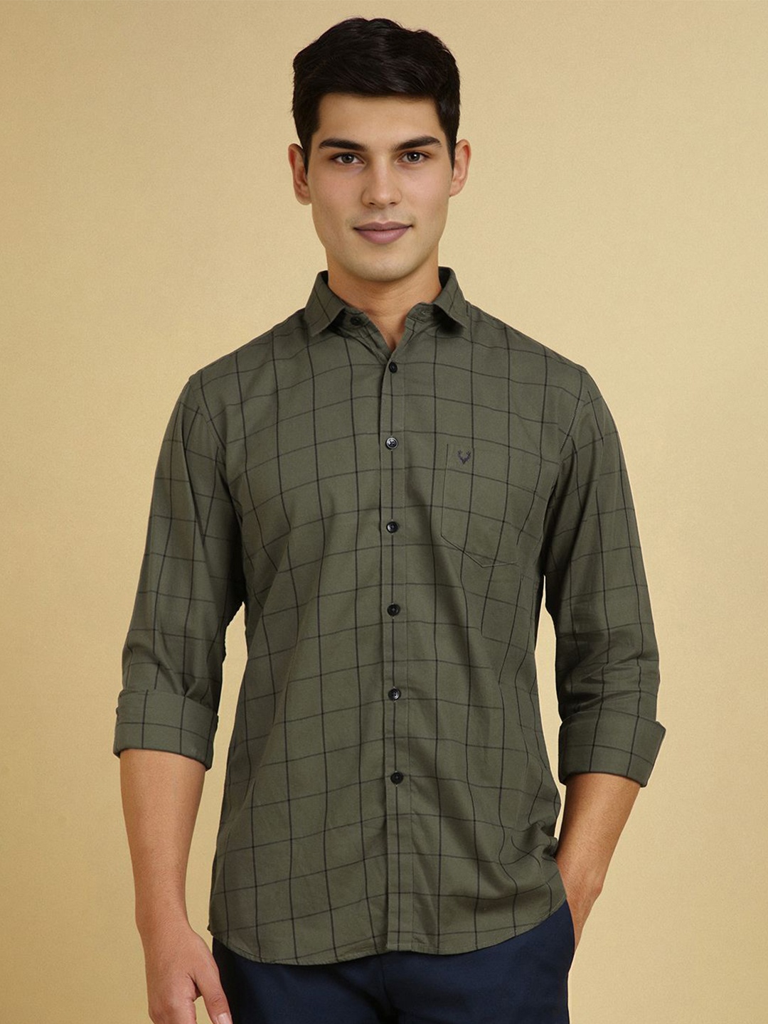 

Allen Solly Men Spread Collar Windowpane Checked Cotton Casual Shirt, Olive