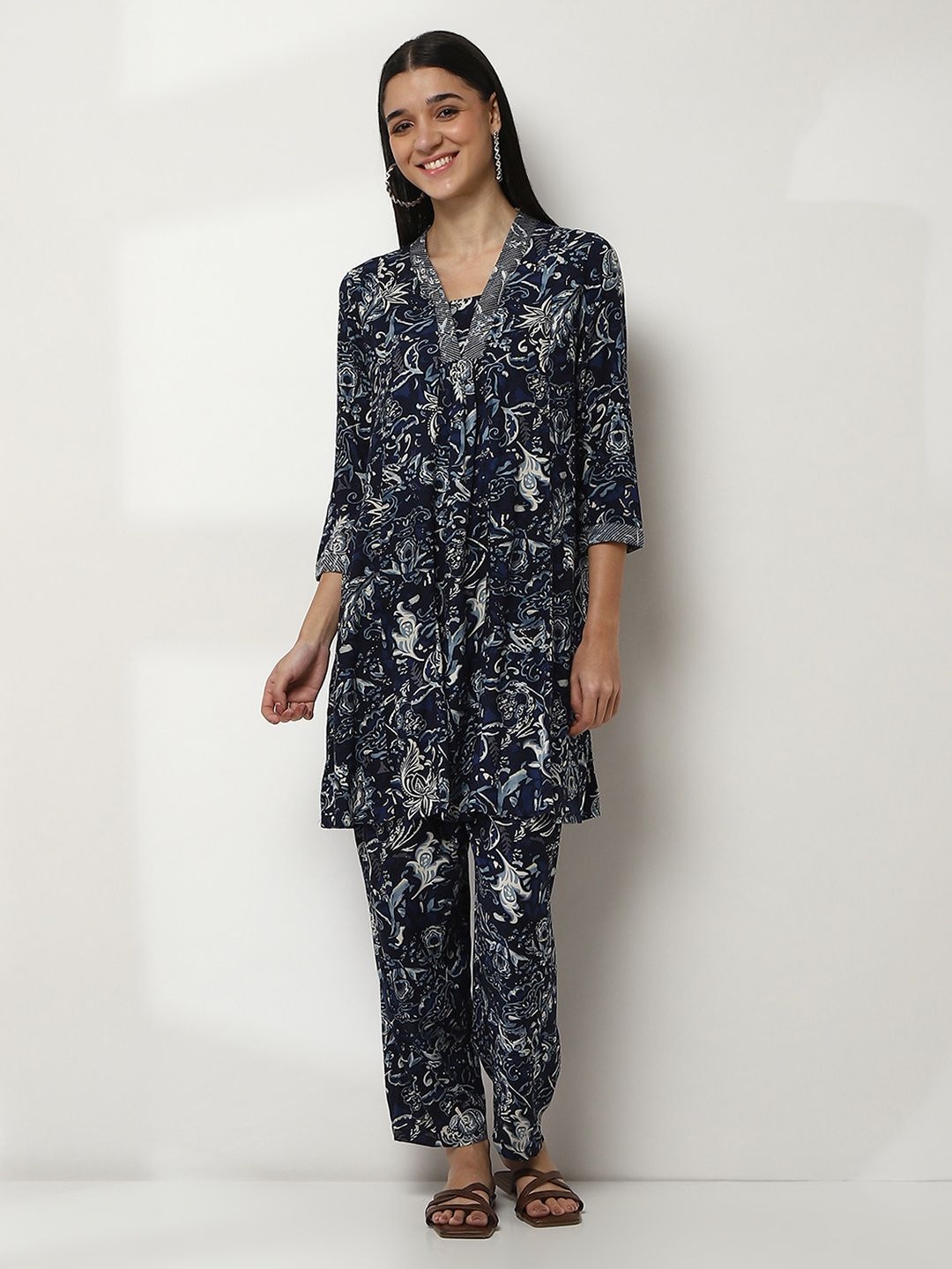 

Rangriti Floral Printed Notch Neck A-Line Tunic With Trouser, Navy blue