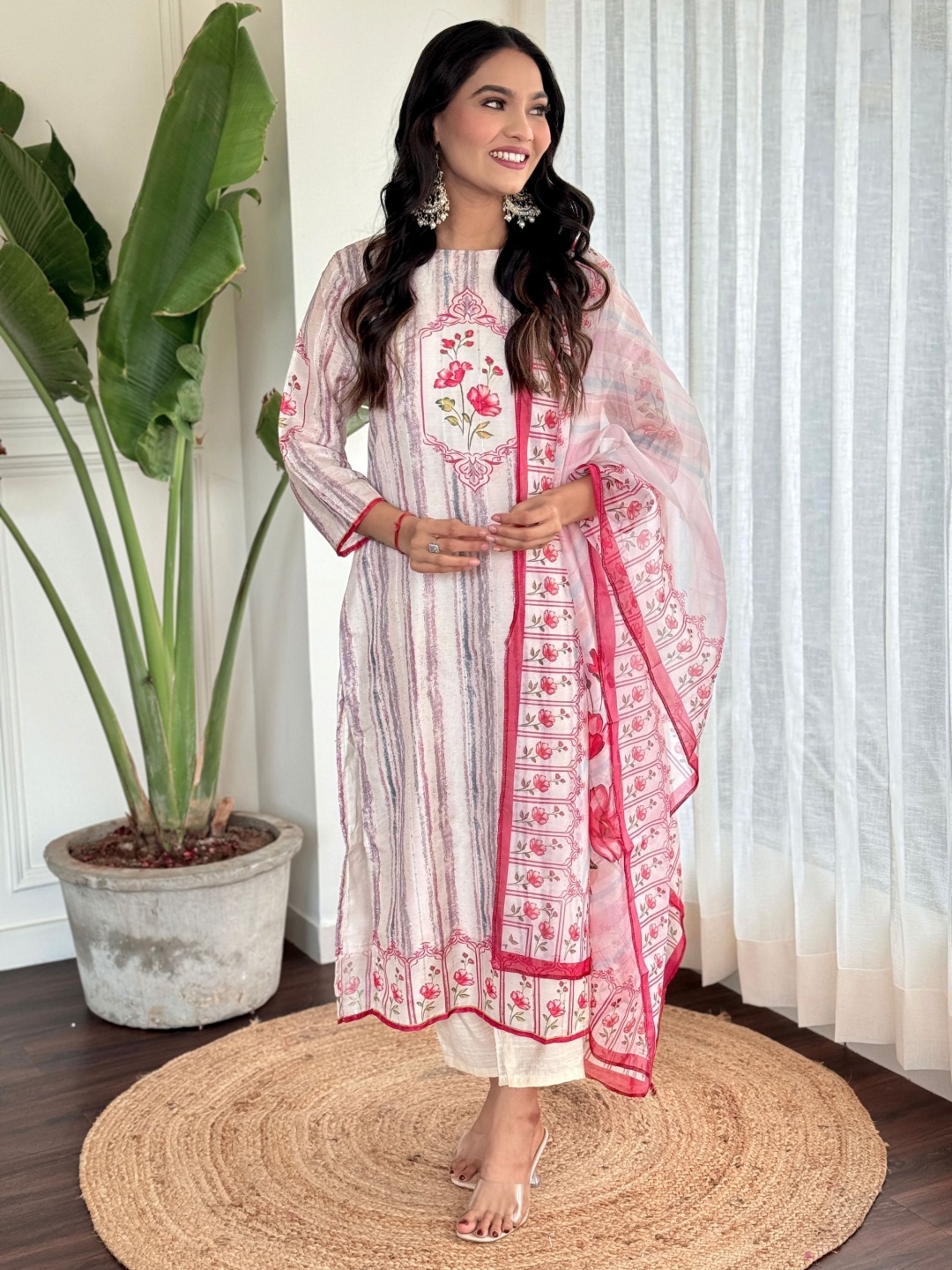 

KALINI Floral Printed Round Neck Muslin Straight Kurta With Trousers & Dupatta, Pink