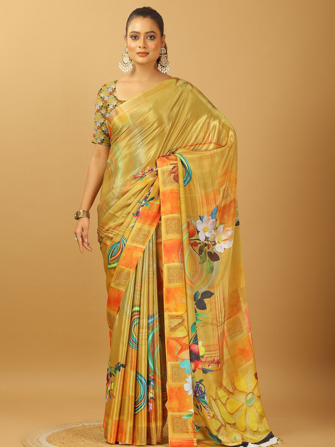 

A.V.M. SILK MILLS Floral Printed Pure Crepe Saree, Yellow