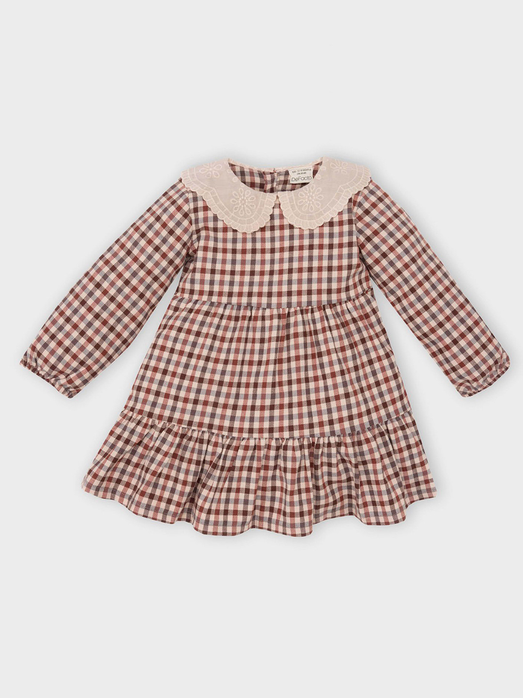 

DeFacto Girls Checked Peter Pan Collar Cotton A-Line Dress, Brown