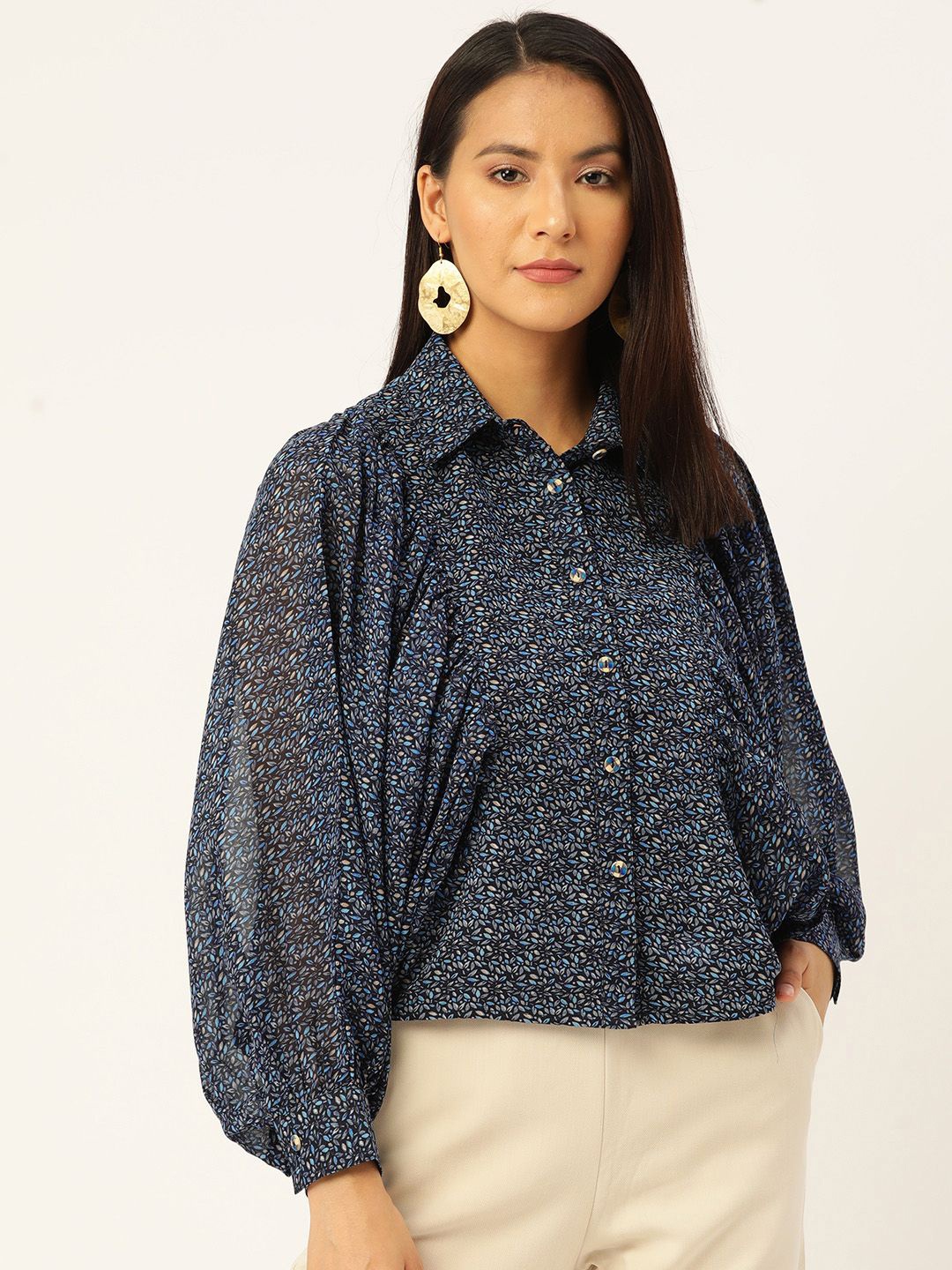 

Moda Rapido Women Floral Opaque Printed Party Shirt, Navy blue
