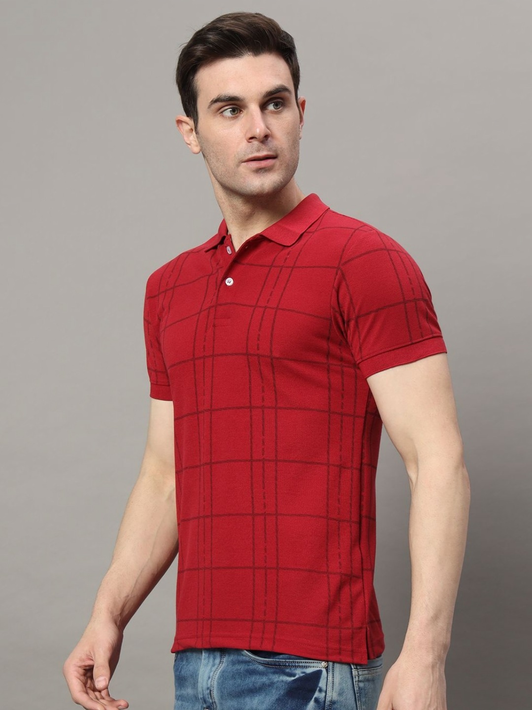 

RELANE Men Checked Polo Collar Cotton T-shirt, Maroon