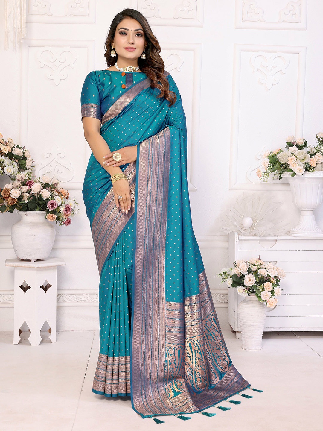 

Vintro Woven Design Pure Silk Designer Banarasi Saree, Teal