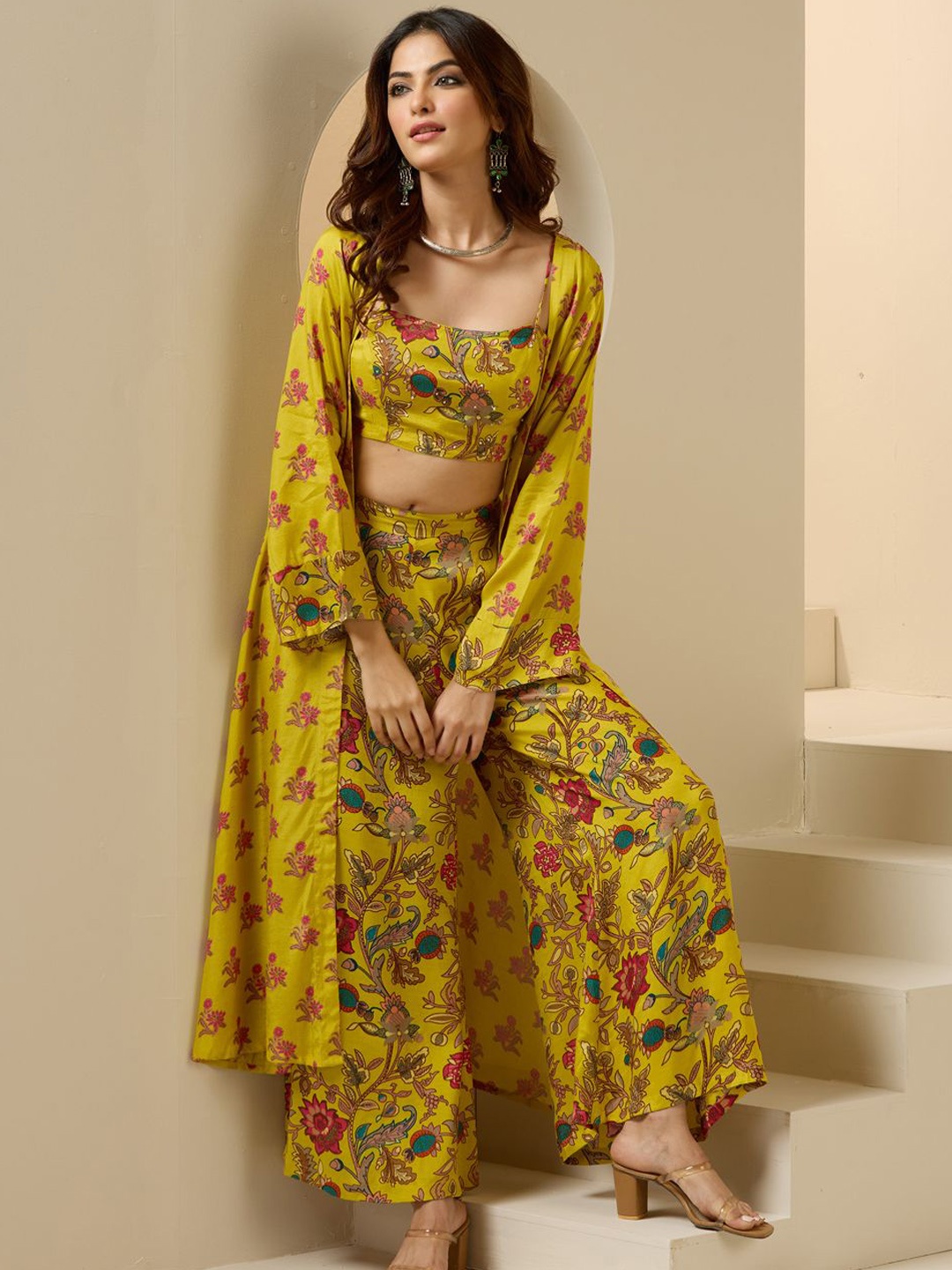 

Ishin Floral Printed Top With Palazzo And Shrug, Yellow