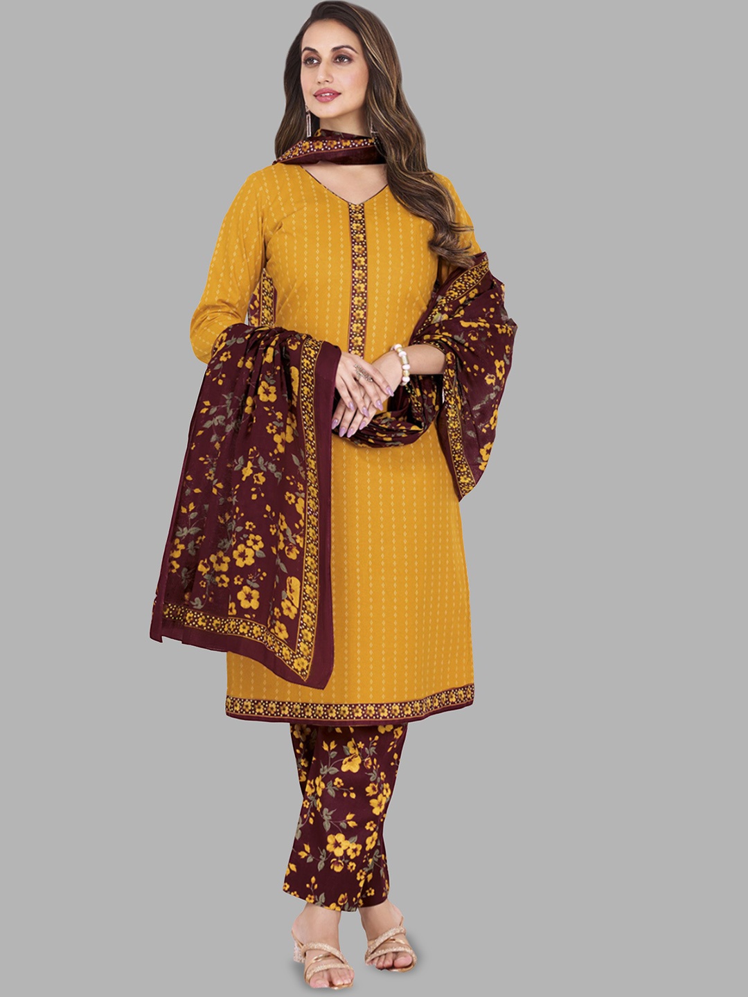 

Simmu Floral Printed V-Neck Pure Cotton Straight Kurta With Trouser & Dupatta, Mustard