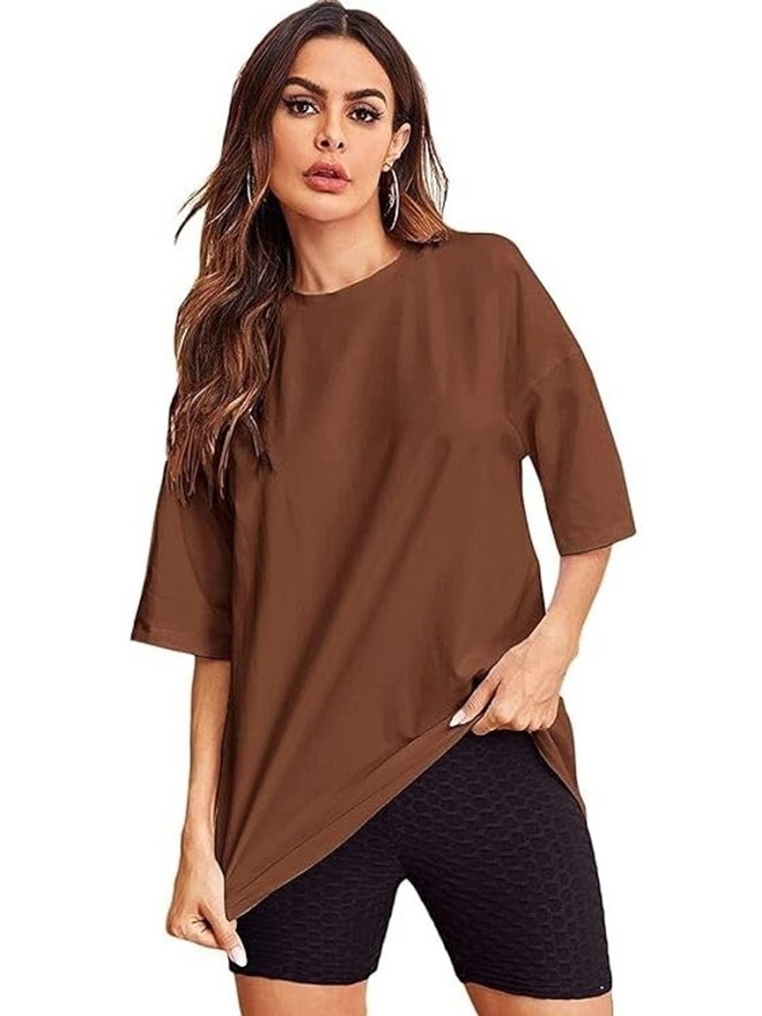 

SALUJA FABRICS Women Drop-Shoulder Sleeves Pockets T-shirt, Brown
