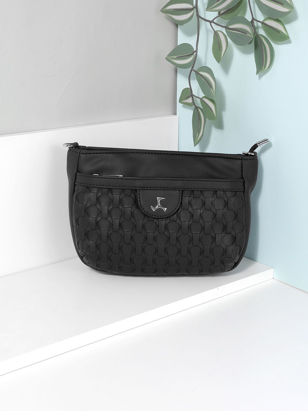 

Mochi Women Solid Structured Sling Bag, Black