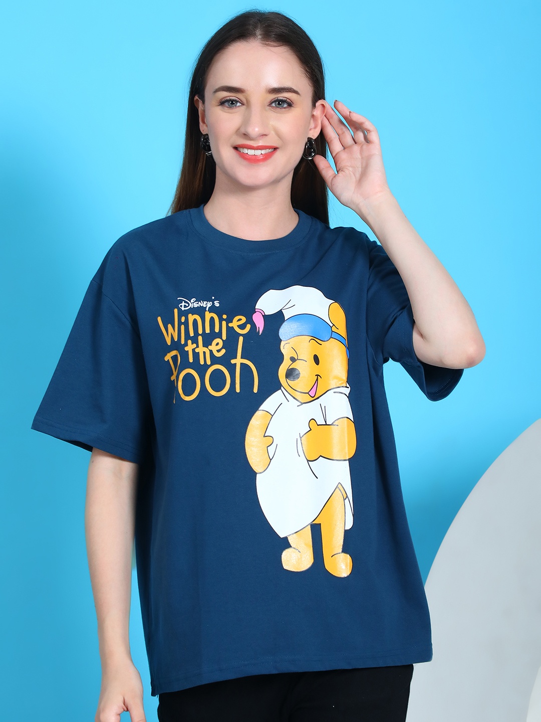 

Dreambe Women Pack Of 2 Winnie The Pooh Fusion Graphic Printed Cotton Oversized T-shirts, Blue