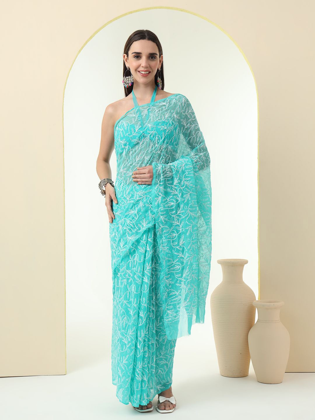 

Z HOME Floral Embroidered Chikankari Pure Chiffon Saree, Blue