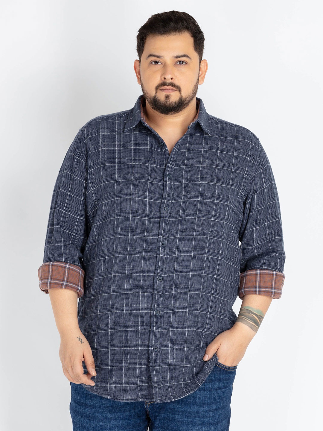 

UNSIZED Men Plus Size Comfort Oversized Fit Spread Collar Checked Cotton Casual Shirt, Grey