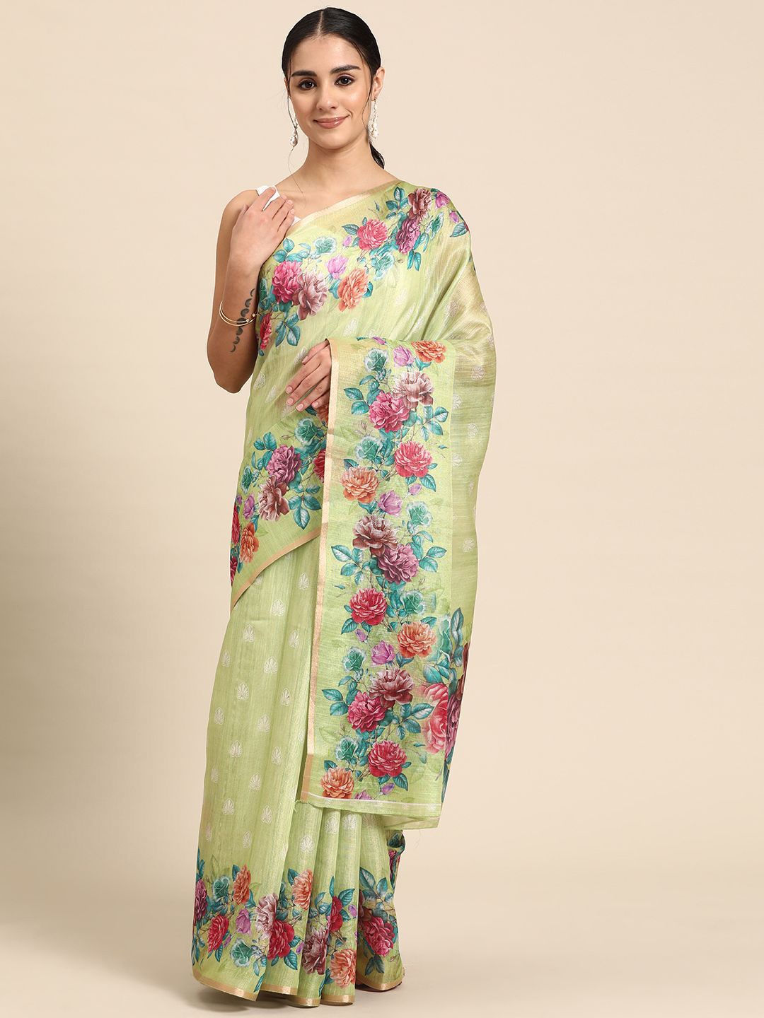 

DIVASTRI Cotton Tissue Silk Floral Digital Print Saree, Olive