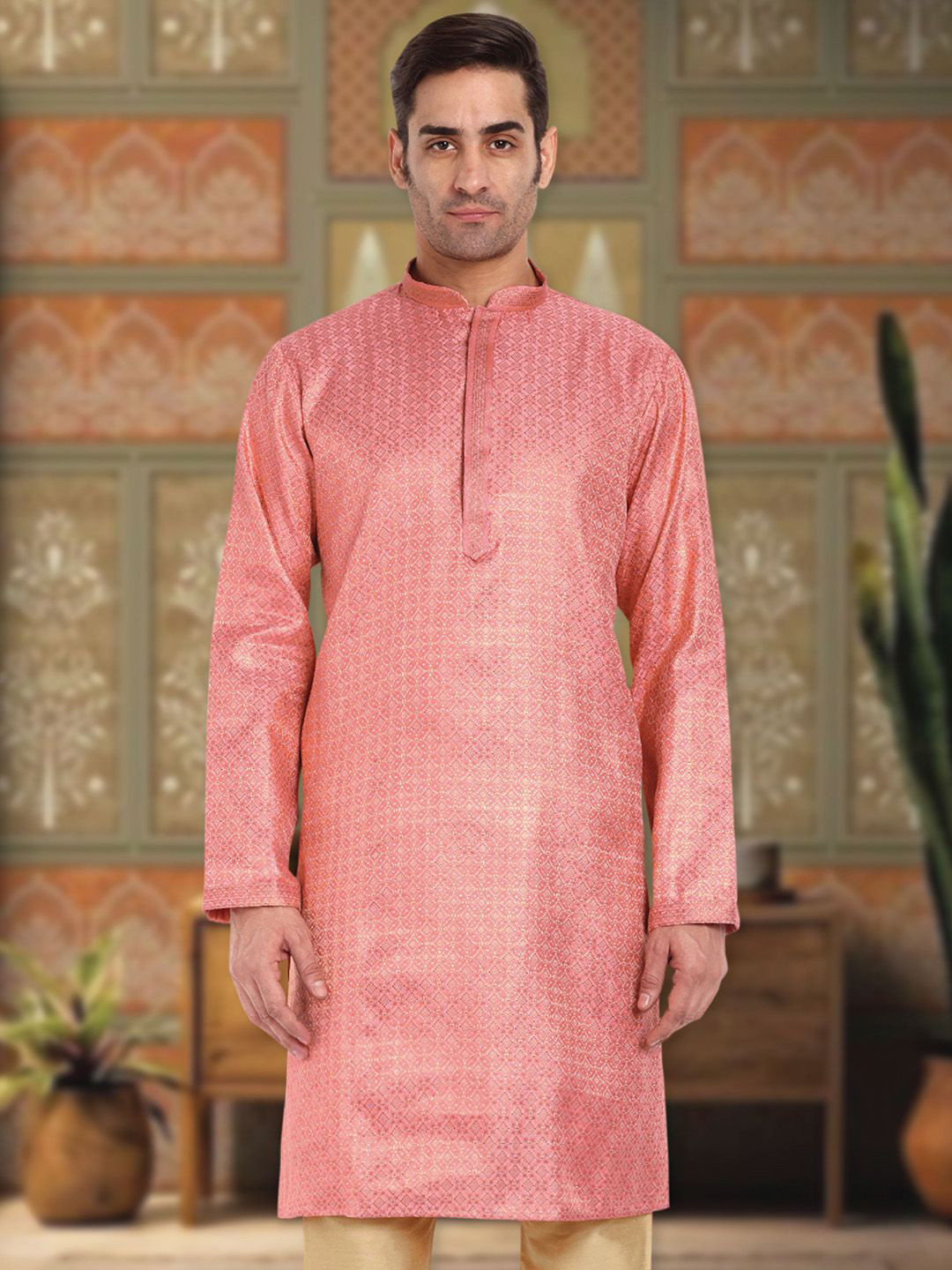 

Tesmare Ethnic Motifs Woven Design Mandarin Collar Banarasi Straight Kurta With Trouser, Peach