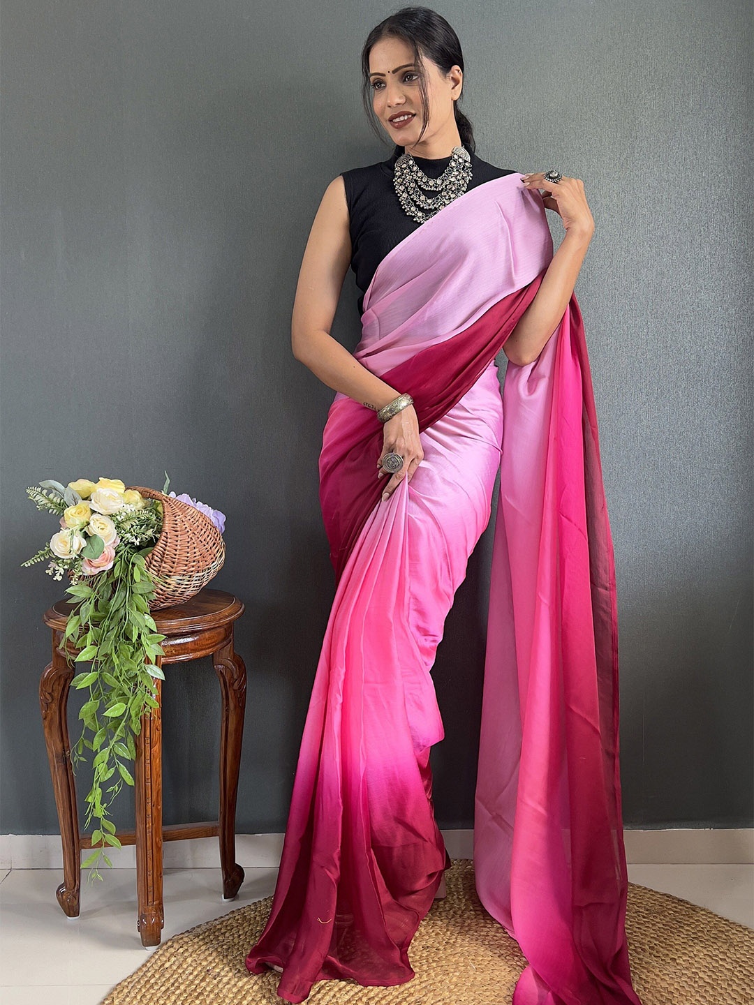 

ZIBLON Ombre Dyed Ready to Wear Saree, Pink