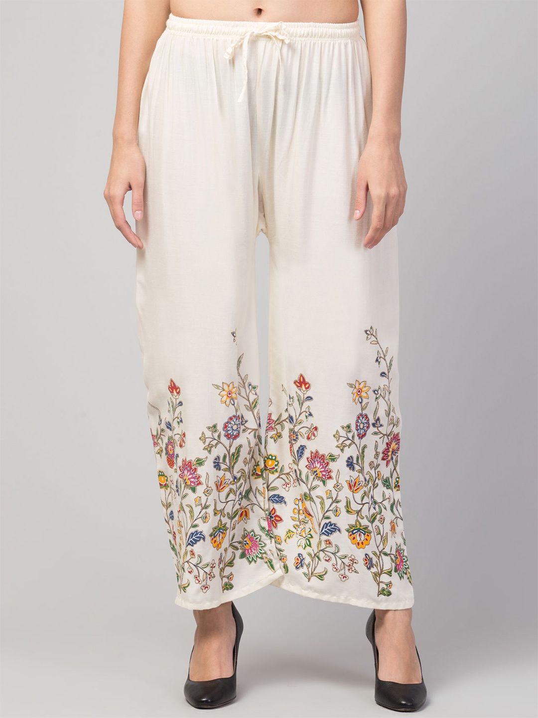 

FAMBEE Women Floral Embroidered Flared Knitted Palazzos, Cream