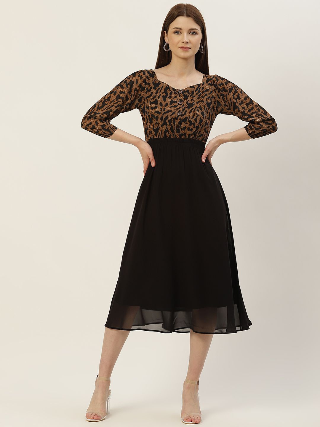 

Moda Rapido Animal Print Puff Sleeve Georgette Fit & Flare Midi Dress, Multi