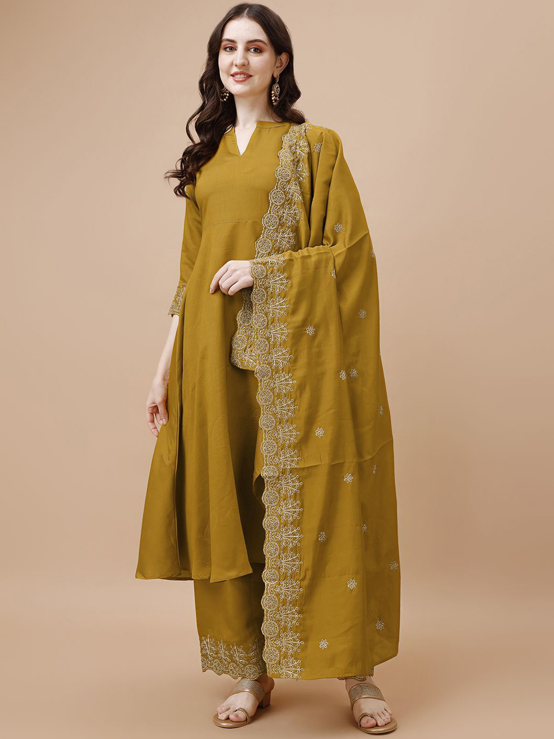 

KALINI Mandarin Collar A-Line Kurta With Trousers & Dupatta, Yellow
