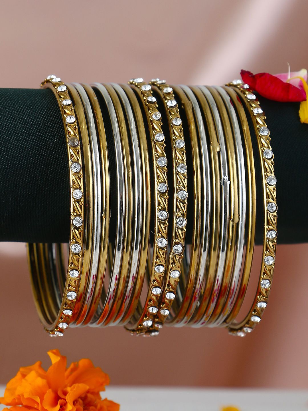 

Sangria Set Of 18 Gold-Plated & Silver-Plated Stone-Studded Bangles