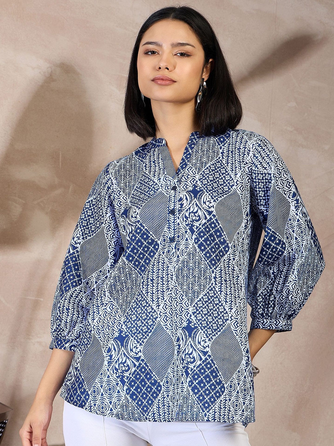 

all about you Geometric Print Mandarin Collar Puff Sleeve Top, Navy blue