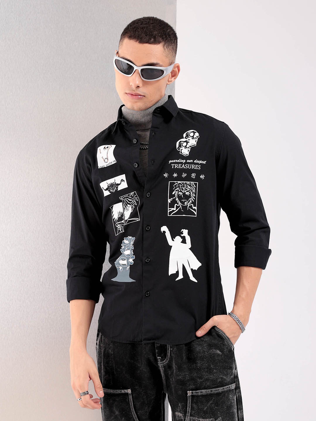 

The Indian Garage Co Men Slim Fit Opaque Printed Casual Shirt, Black