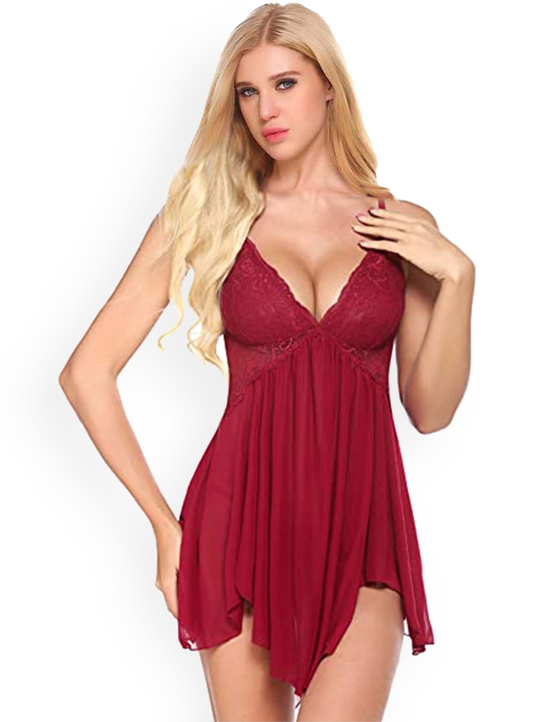 

Fihana Women Self Design Baby Doll, Maroon