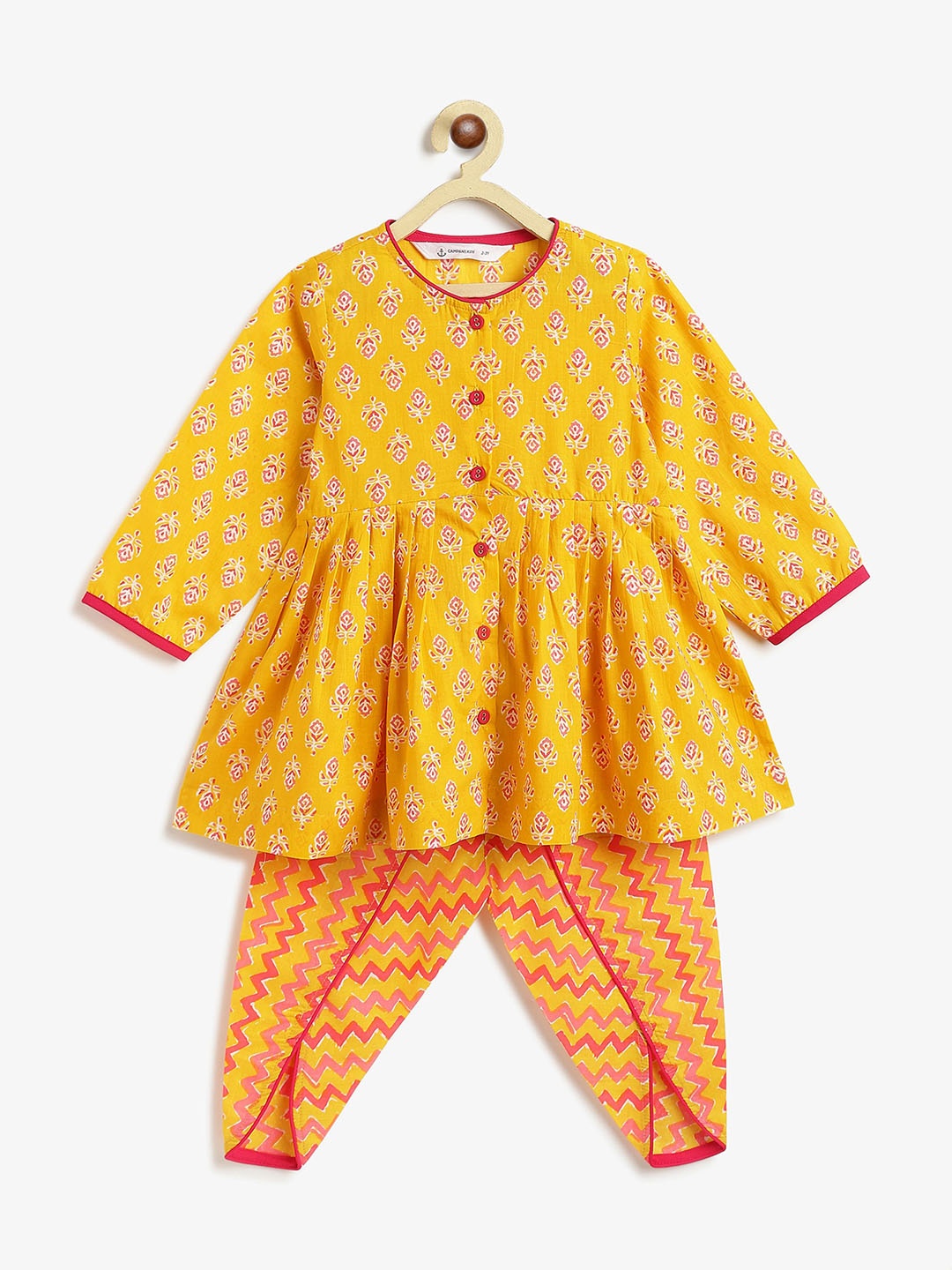 

Campana Girls Floral Printed Empire Pure Cotton Kurti with Dhoti Pants, Yellow