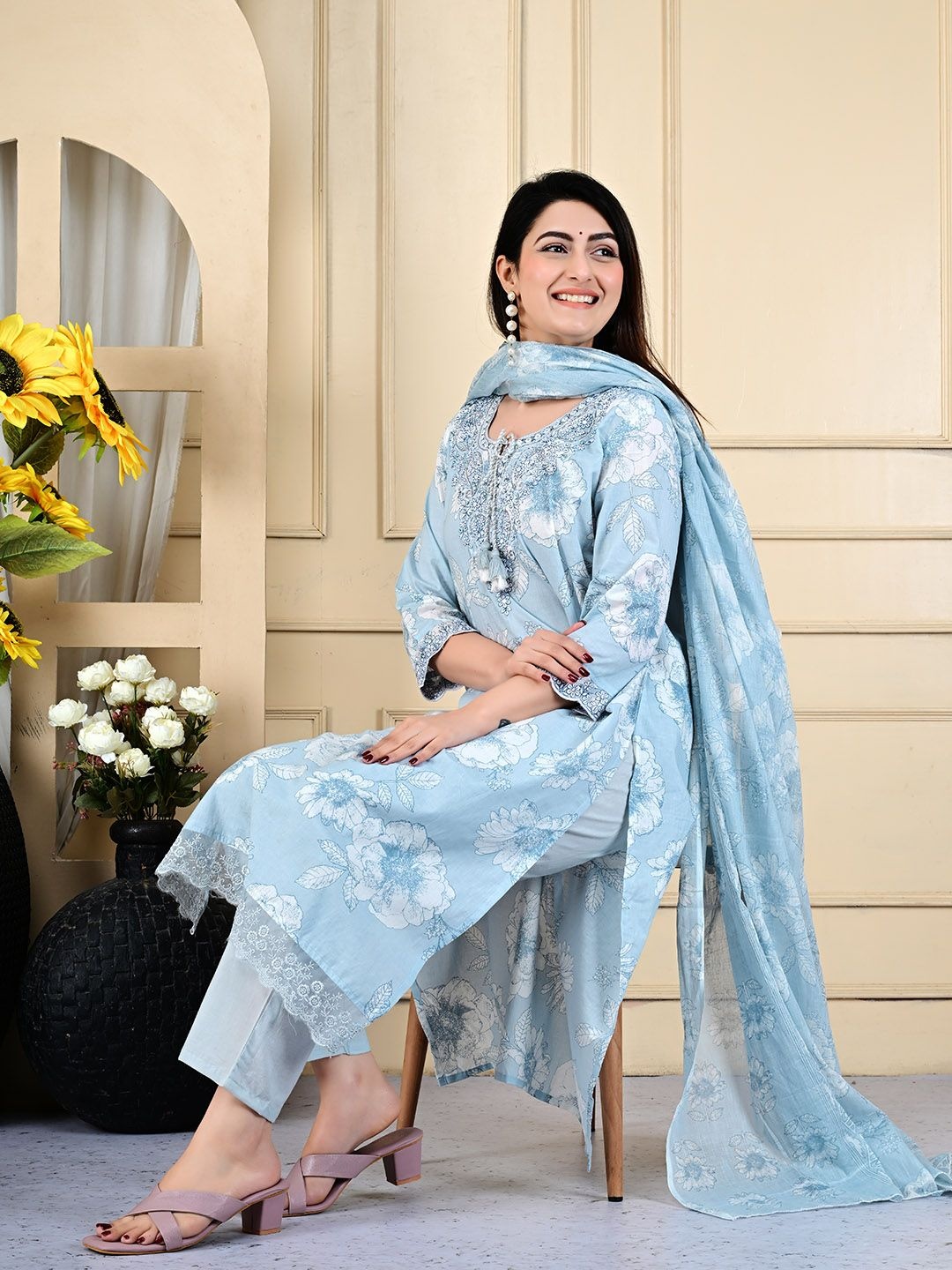 

Meena Bazaar Floral Embroidered Tie-Up Neck Straight Kurta With Trouser & Dupatta, Blue