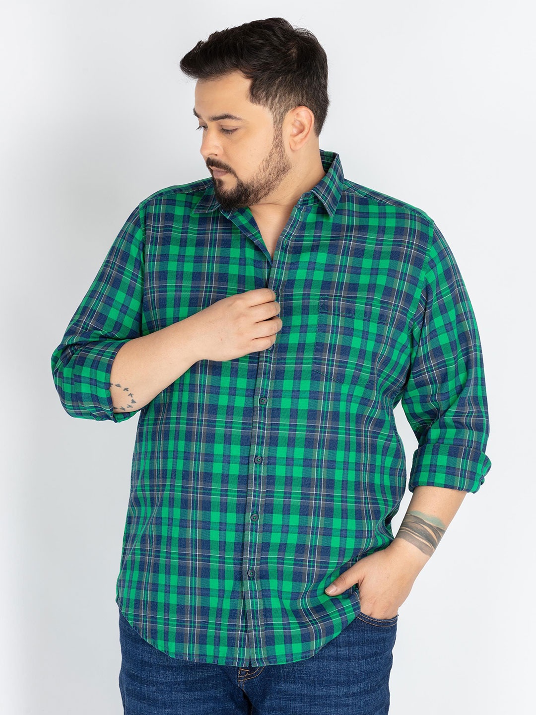 

UNSIZED Men Comfort Oversized Fit Spread Collar Tartan Checked Cotton Casual Shirt, Green