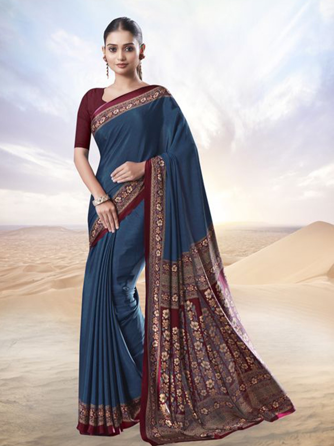 

Jaanvi Printed Border Pure Crepe Saree, Blue