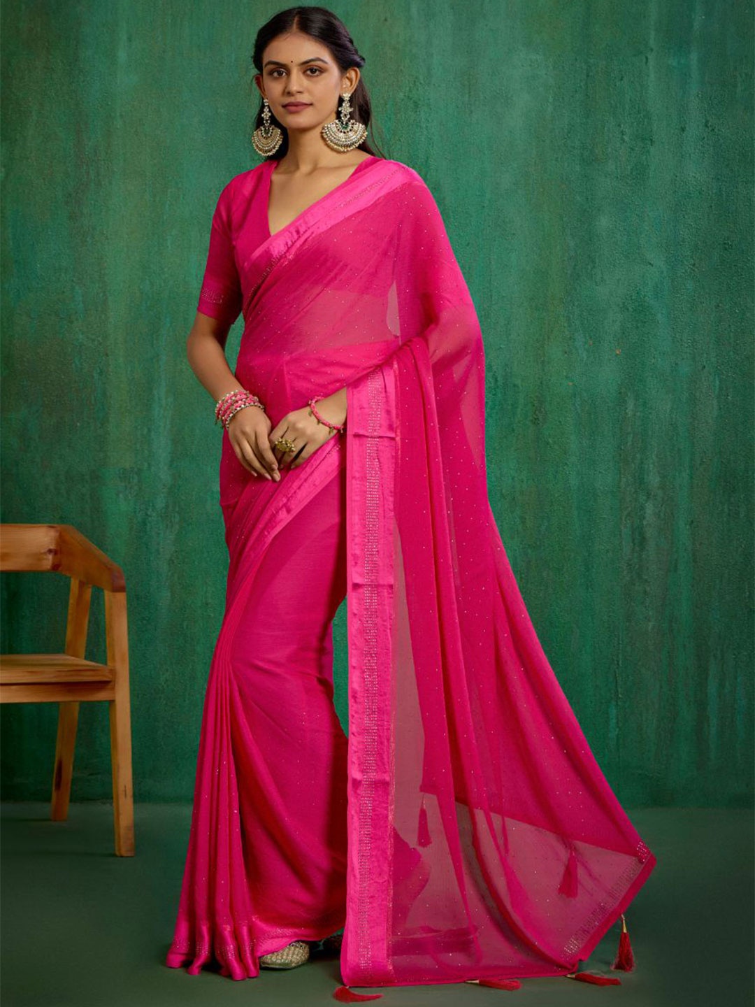 

Sangria Burnt Pink Chiffon Swarovski Saree