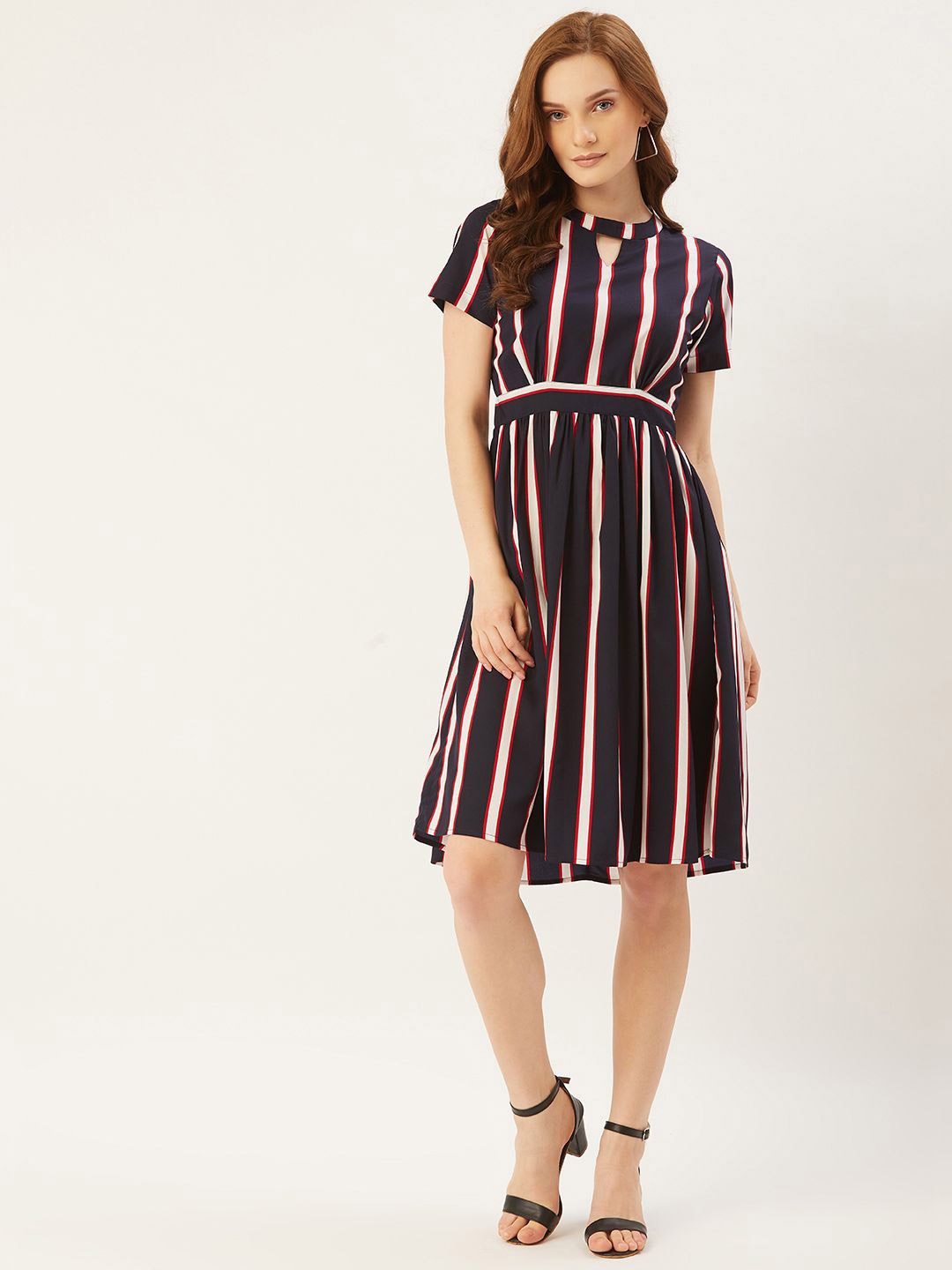 

Moda Rapido Striped Keyhole Neck Crepe A-Line Dress, Navy blue