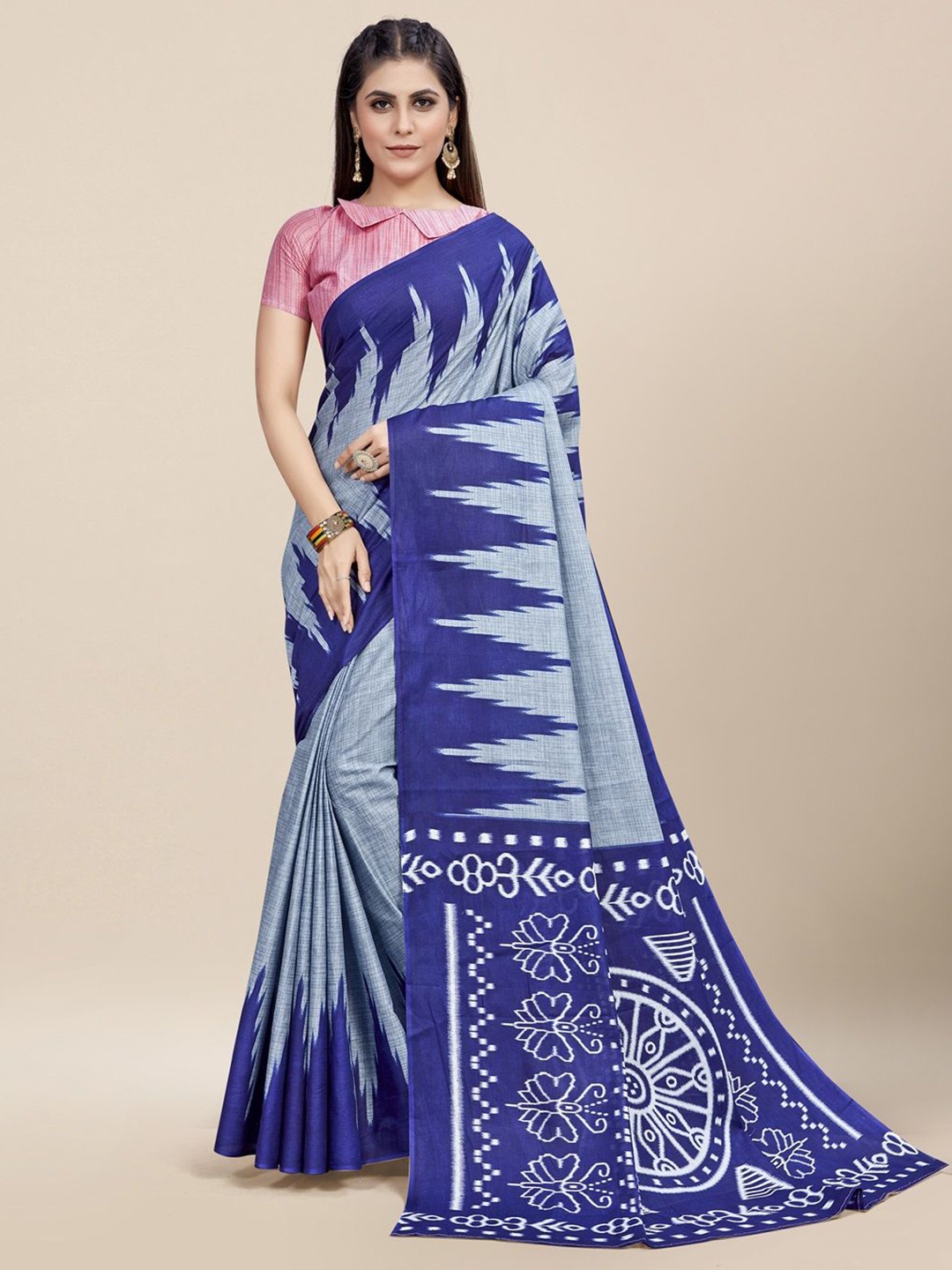 

HERE&NOW Pure Cotton Ikat Saree, Navy blue