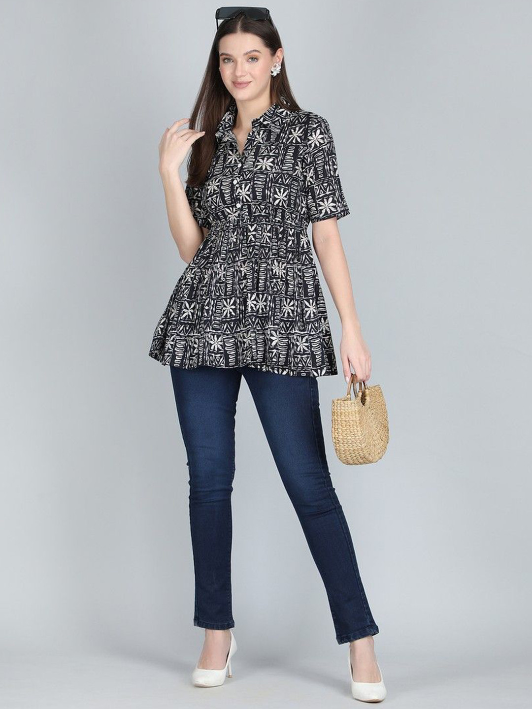 

ANANDITA Women Geometric Printed Cotton Shirt Style Top, Black