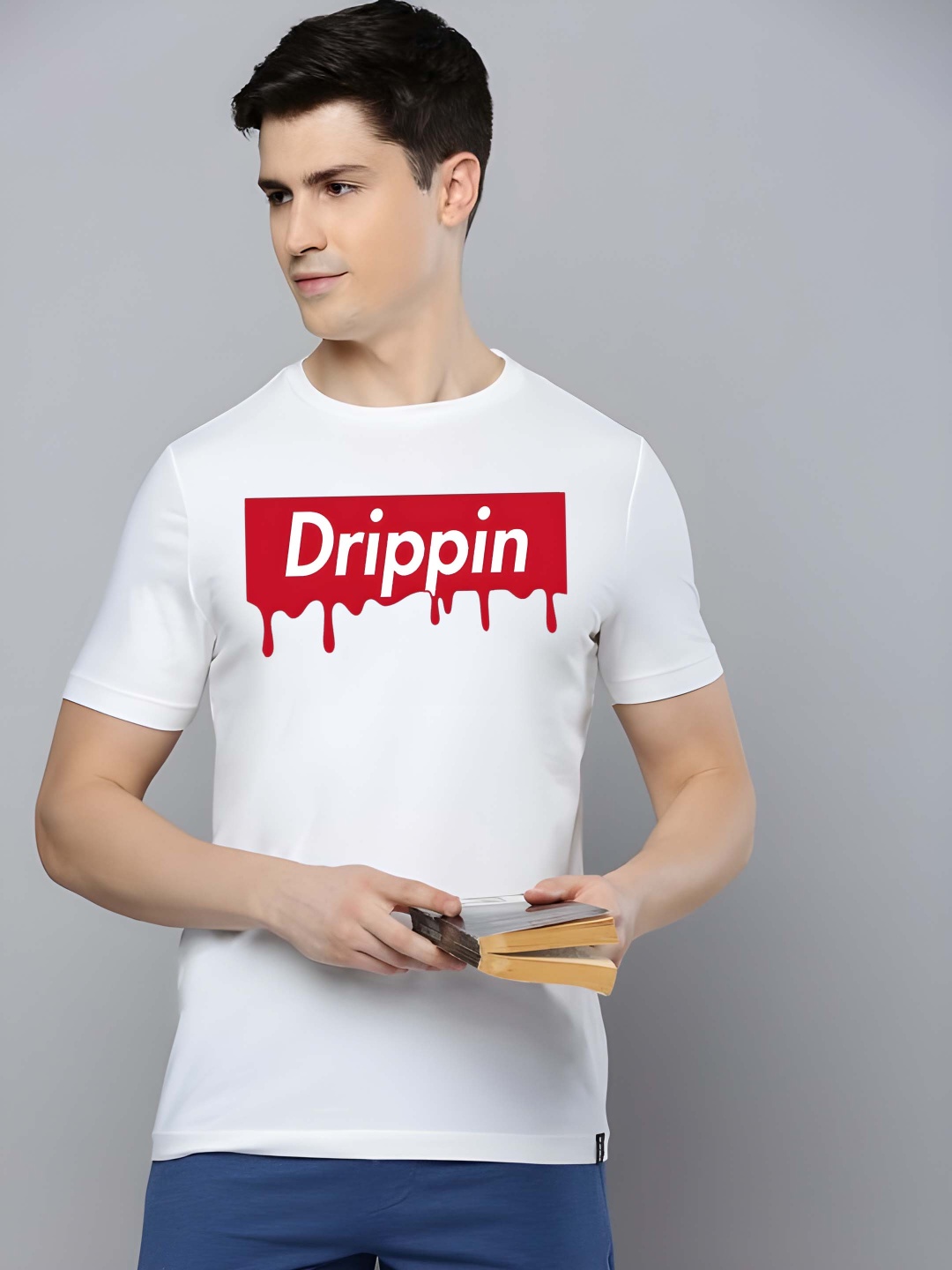 

Krimmple Men Typography Printed Round Neck Cotton T-shirt, White