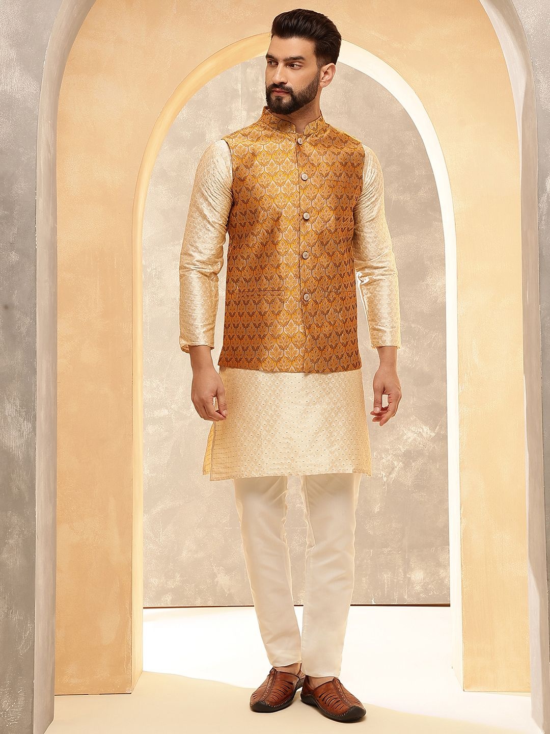 

Anouk Beige Woven Design Jacquard Silk Straight Kurta With Pyjamas And Nehru Jacket