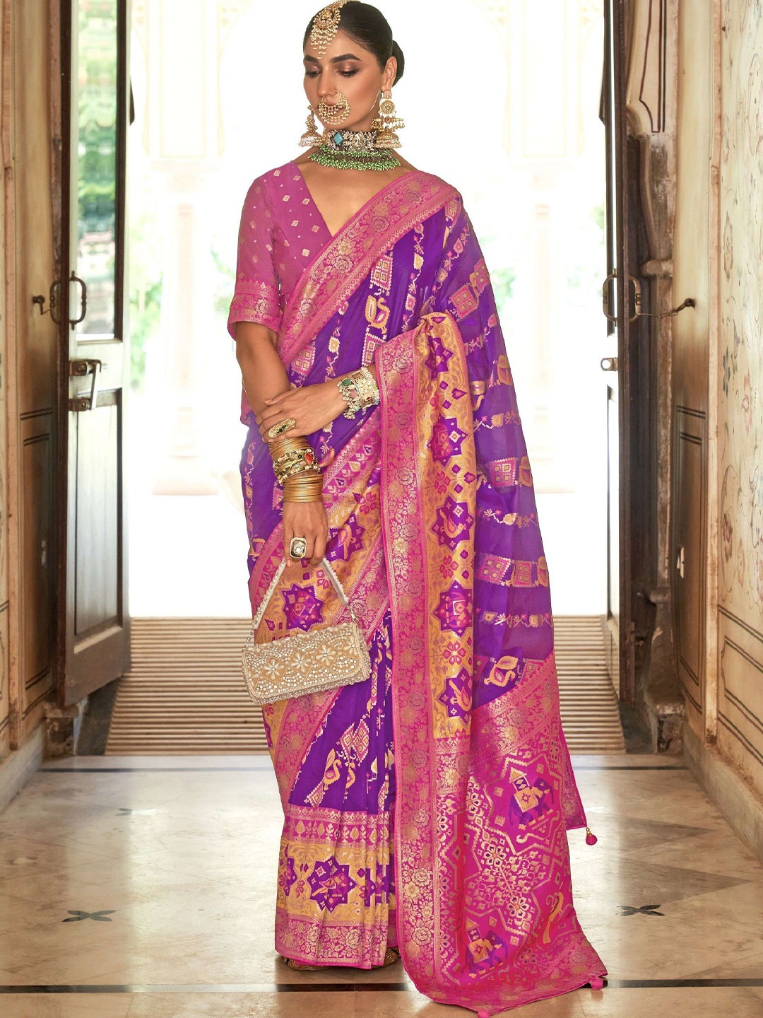 

MAHALASA Woven Design Zari Pure Silk Patola Saree, Blue