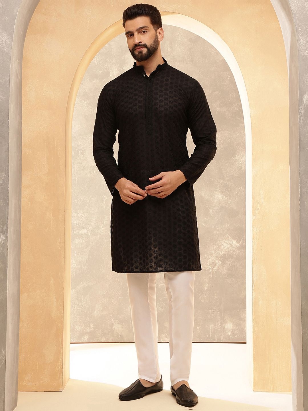 

Anouk Black Geometric Embroidered Mandarin Collar Pure Cotton Kurta With Pyjama