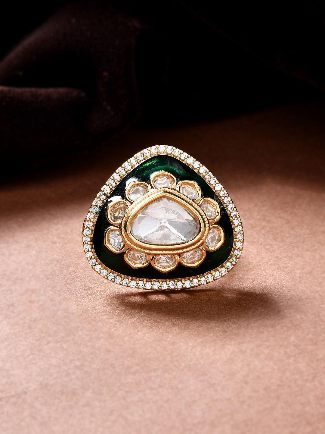 

Voylla Kundan Elegance Royal Enamel Emerald Ring, Gold