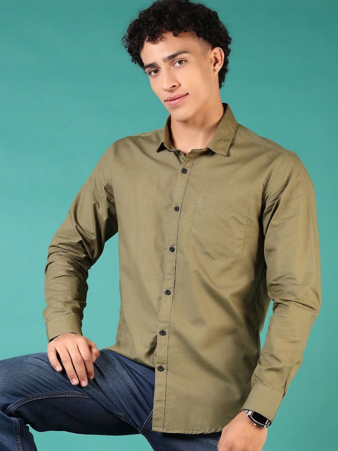 

V-Mart Men Spread Collar Solid Cotton Casual Shirt, Olive