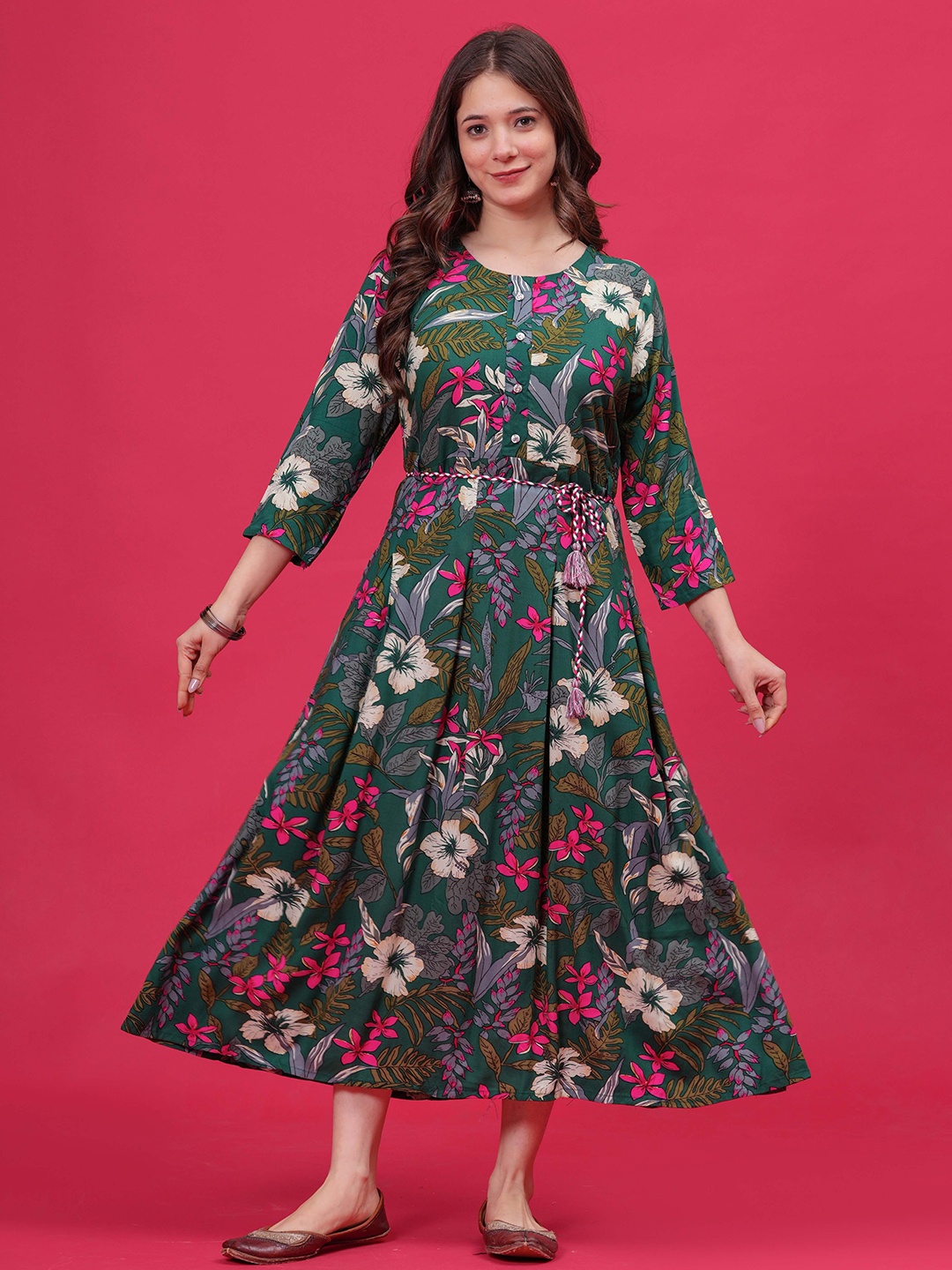 

HEARTLOOM Floral Printed Fit & Flared Maxi Dress, Green