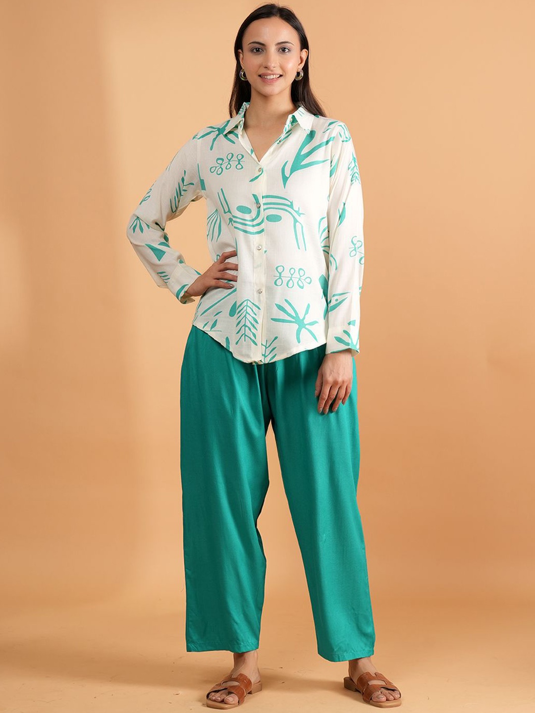 

BAESD Abstract Printed Shirt Collar Long Sleeves Shirt And Trousers, Green